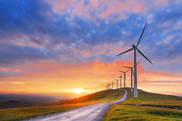 wind turbines at dusk